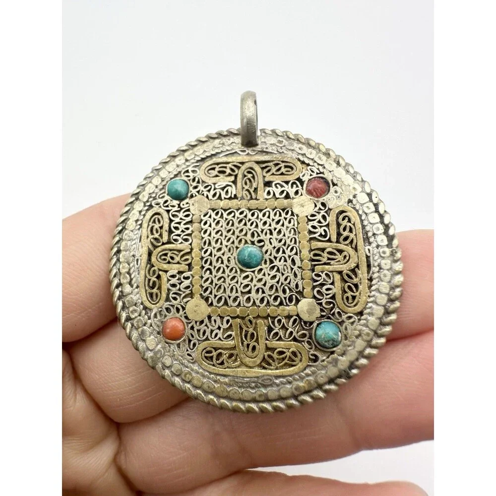 Vtg Tibetan Nepal Coral Turquoise Brass Filigree Double-sided Pendant Amulet